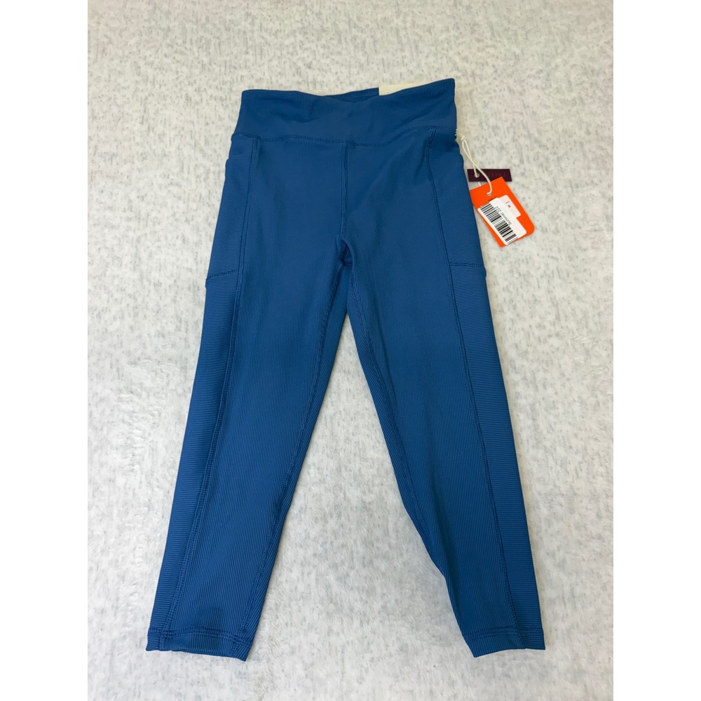 Freely Girls Blue Ribbed High Rise 7/8 Leggings with Pockets Size Small NWT